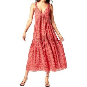 Joie Bondi Tea Rose Cotton Tiered Sleeveless V-Neck Abstract Midi Sundress S